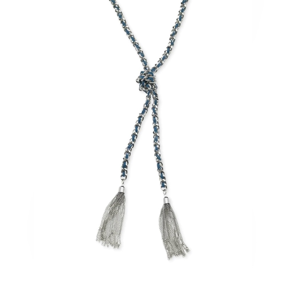 NEW* Guess Silver-Tone Woven Blue Twisted Tassel Lariat Necklace